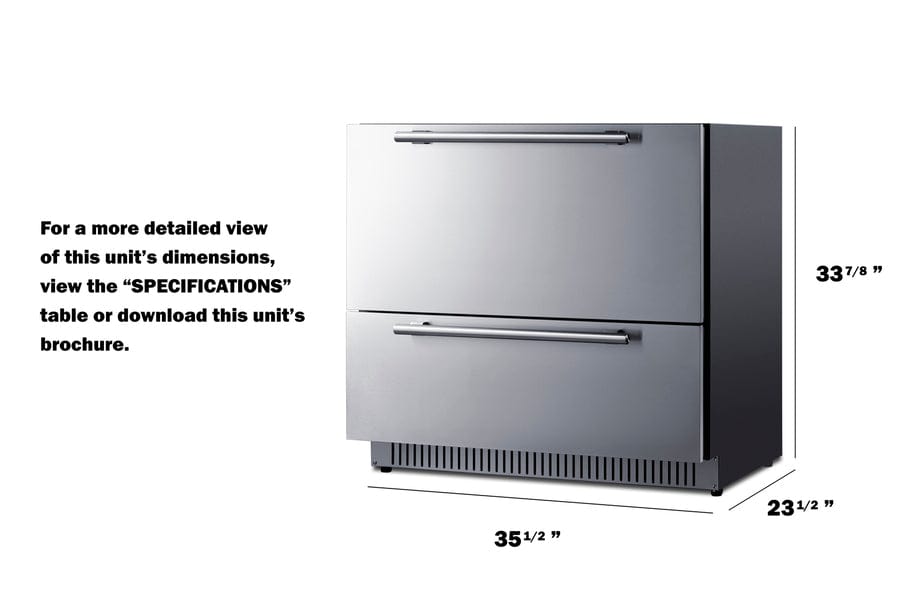 Summit Refrigeration + Cooling Summit 36&quot; Wide Outdoor 2-Drawer All-Refrigerator / 7.15 cu.ft. Capacity, Panel-Ready Drawer Fronts, Stainless Steel Drawers, Digital Thermostat, Frost-Free Operation, Drawer Dividers / SPR36DROS