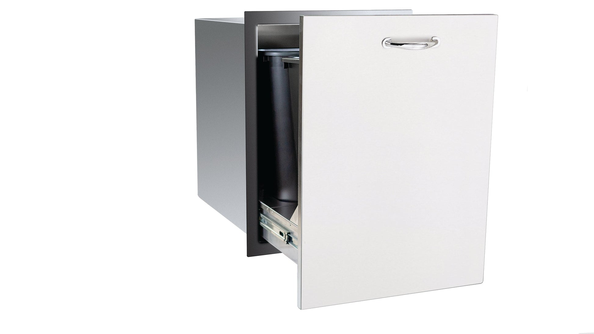 TrueFlame stainless steel 2-bin pull-out trash drawer, partially open with handle—ideal for outdoor kitchens.