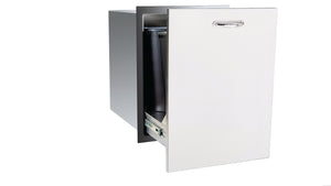 TrueFlame stainless steel 2-bin pull-out trash drawer, partially open with handle—ideal for outdoor kitchens.