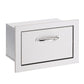 Stainless steel drawer with horizontal handle and 17" paper towel holder, ideal for upscale outdoor kitchens.
