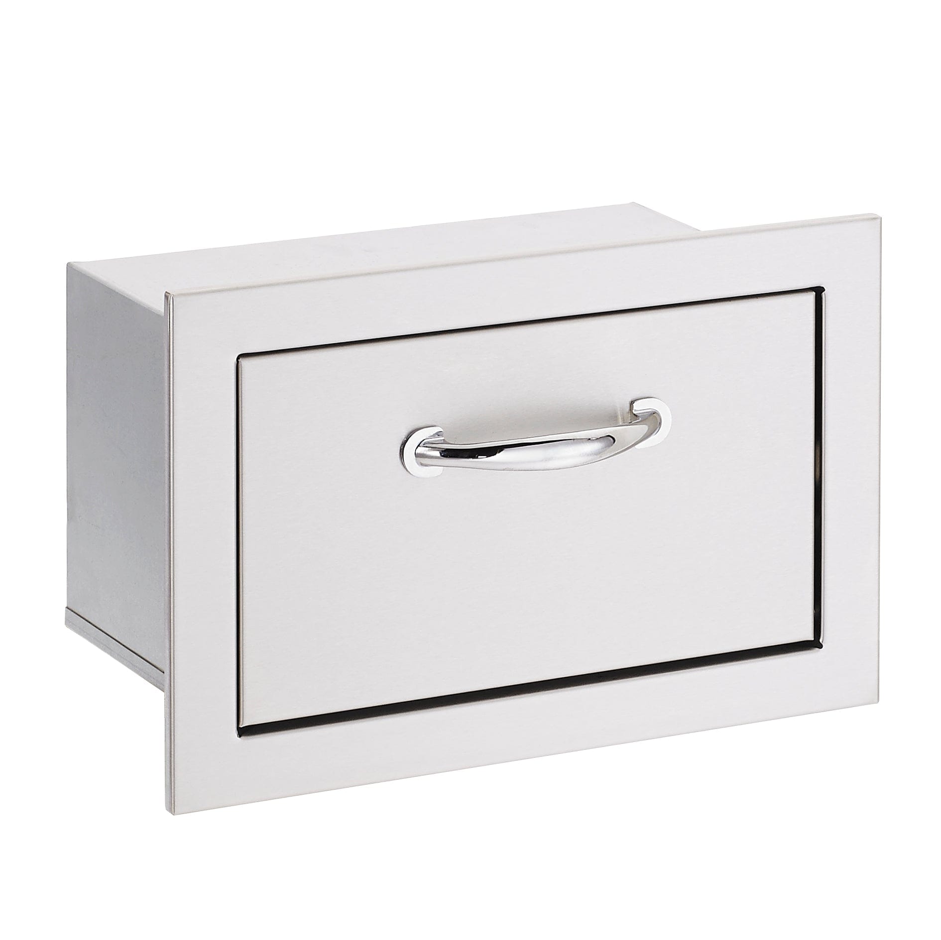 Stainless steel drawer with horizontal handle and 17" paper towel holder, ideal for upscale outdoor kitchens.