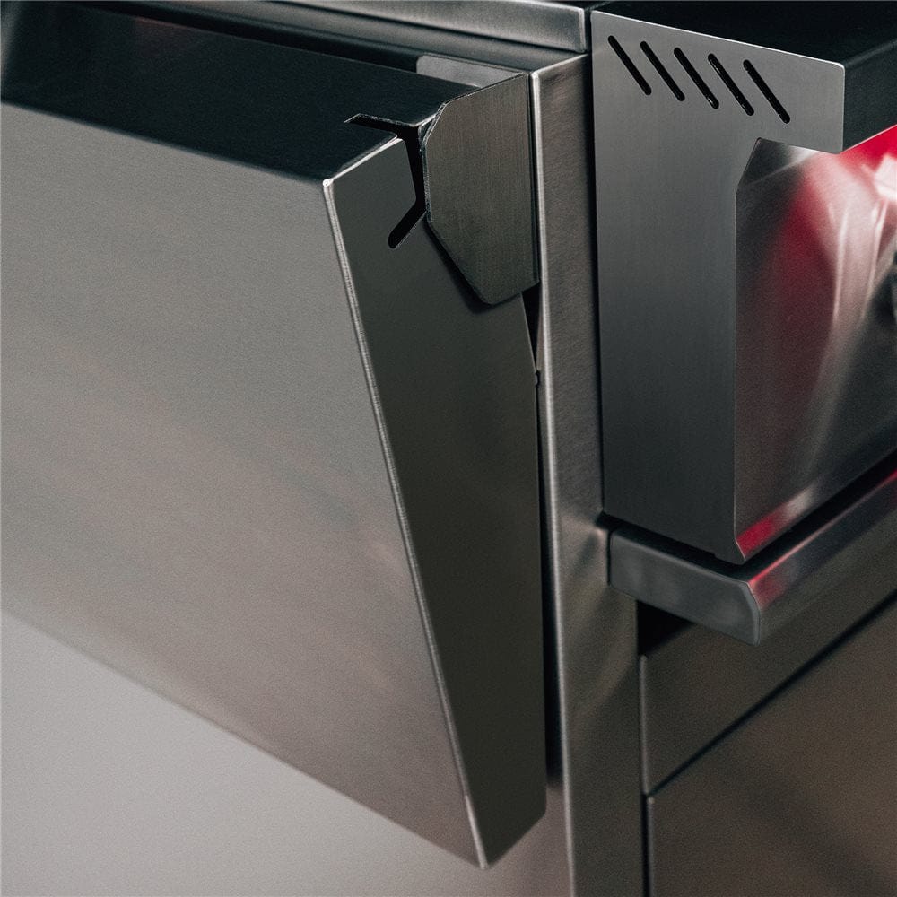 TrueFlame Grill Cart with sleek angular design, stainless steel finish, and partially open storage compartment.