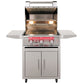 Premium grill cart with open lid, three control knobs, side shelves, and TF25 grill head for outdoor kitchens.