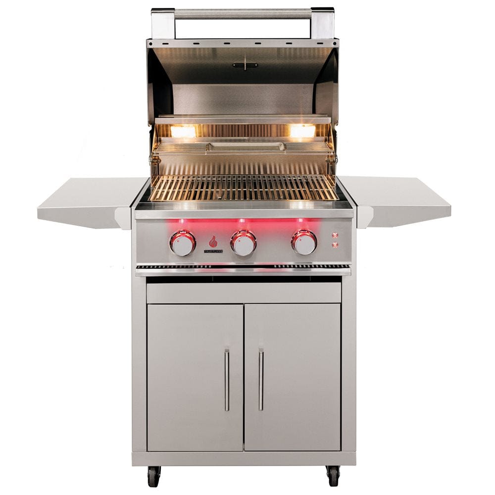 Premium grill cart with open lid, three control knobs, side shelves, and TF25 grill head for outdoor kitchens.