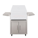 25" stainless steel grill cart with double doors, two shelves, sturdy wheels, and sleek stainless steel finish.