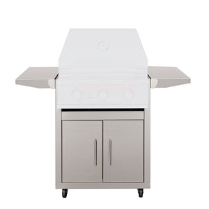 25" stainless steel grill cart with double doors, two shelves, sturdy wheels, and sleek stainless steel finish.