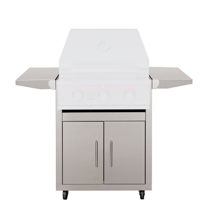 25" stainless steel grill cart with double doors, two shelves, sturdy wheels, and sleek stainless steel finish.