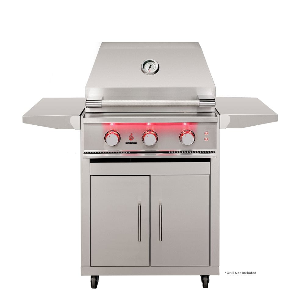 Deluxe grill cart with TF25 head, three illuminated knobs, side shelves, and premium stainless steel finish.