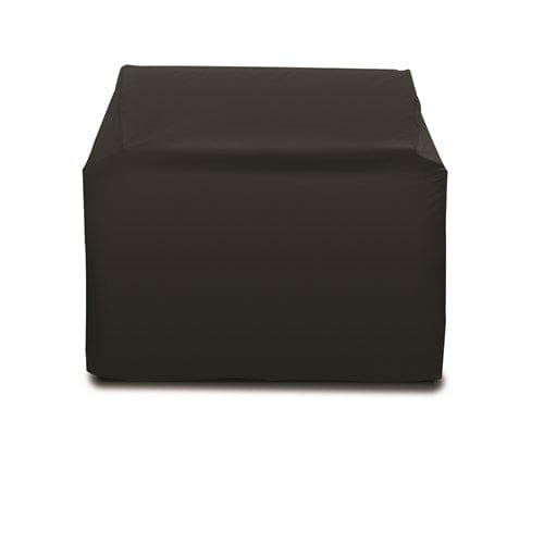 Heavy-duty PVC cover shields a rectangular grill, shown on white, ideal for outdoor kitchens with premium features.