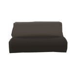 Dark brown two-seater sofa with boxy lines complements a TrueFlame grill cover, perfect for premium outdoor kitchens.