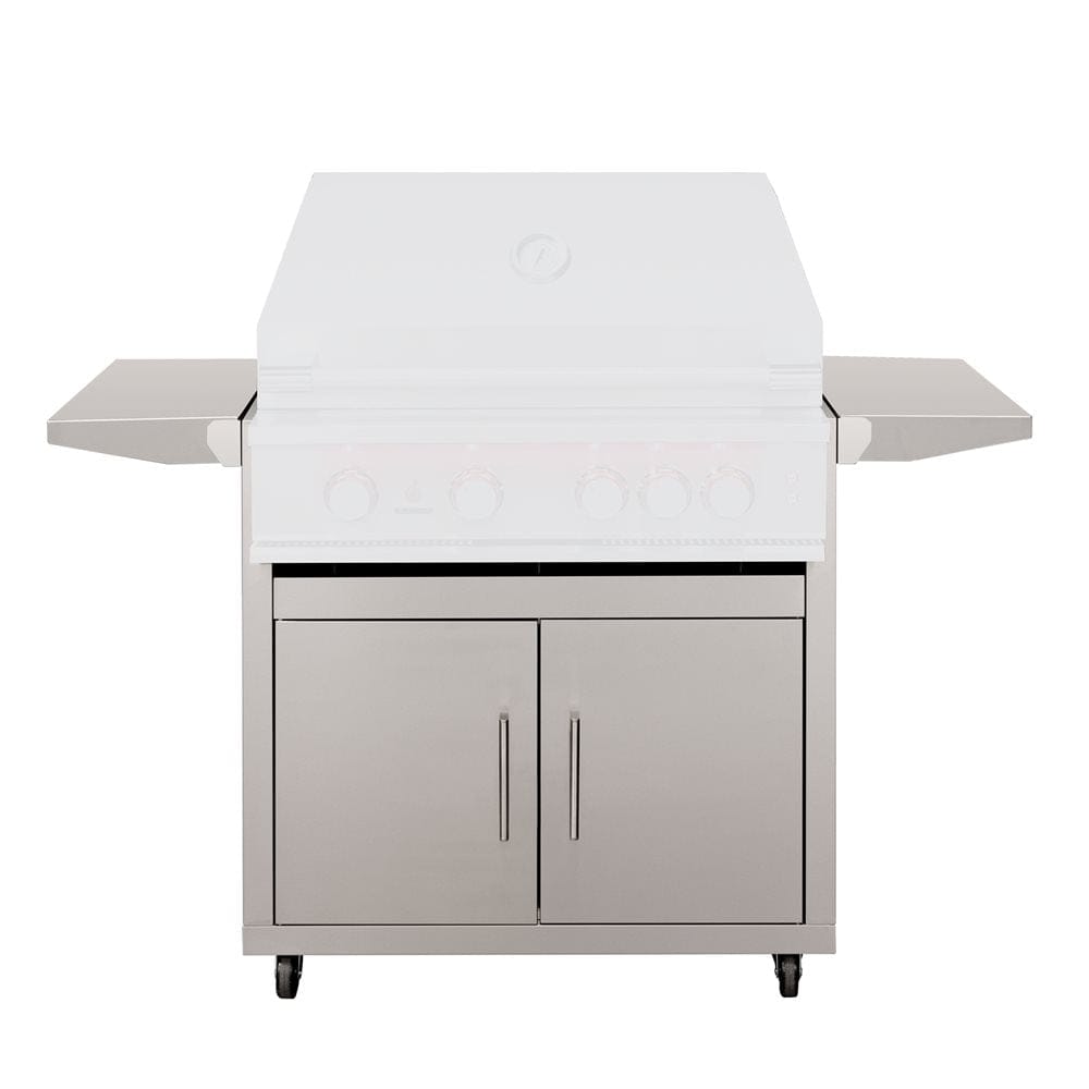 Stainless steel grill cart with double doors, two side shelves, and ample storage for premium outdoor kitchens.
