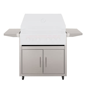 Stainless steel grill cart with double doors, two side shelves, and ample storage for premium outdoor kitchens.