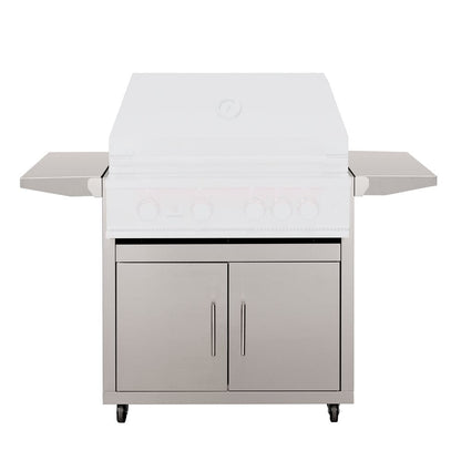 Stainless steel grill cart with double doors, two side shelves, and ample storage for premium outdoor kitchens.
