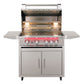 Stainless steel TF32 grill cart with 4 burners, open hood, side shelves, and storage cabinet for outdoor kitchens.