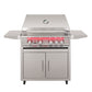 32" stainless steel grill cart with 4 knobs, dual side shelves, and lower storage—ideal for outdoor kitchens.