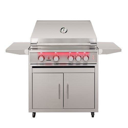 32" stainless steel grill cart with 4 knobs, dual side shelves, and lower storage—ideal for outdoor kitchens.