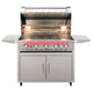 Stainless steel grill head with open lid, illuminated interior, side shelves, and storage cabinet.