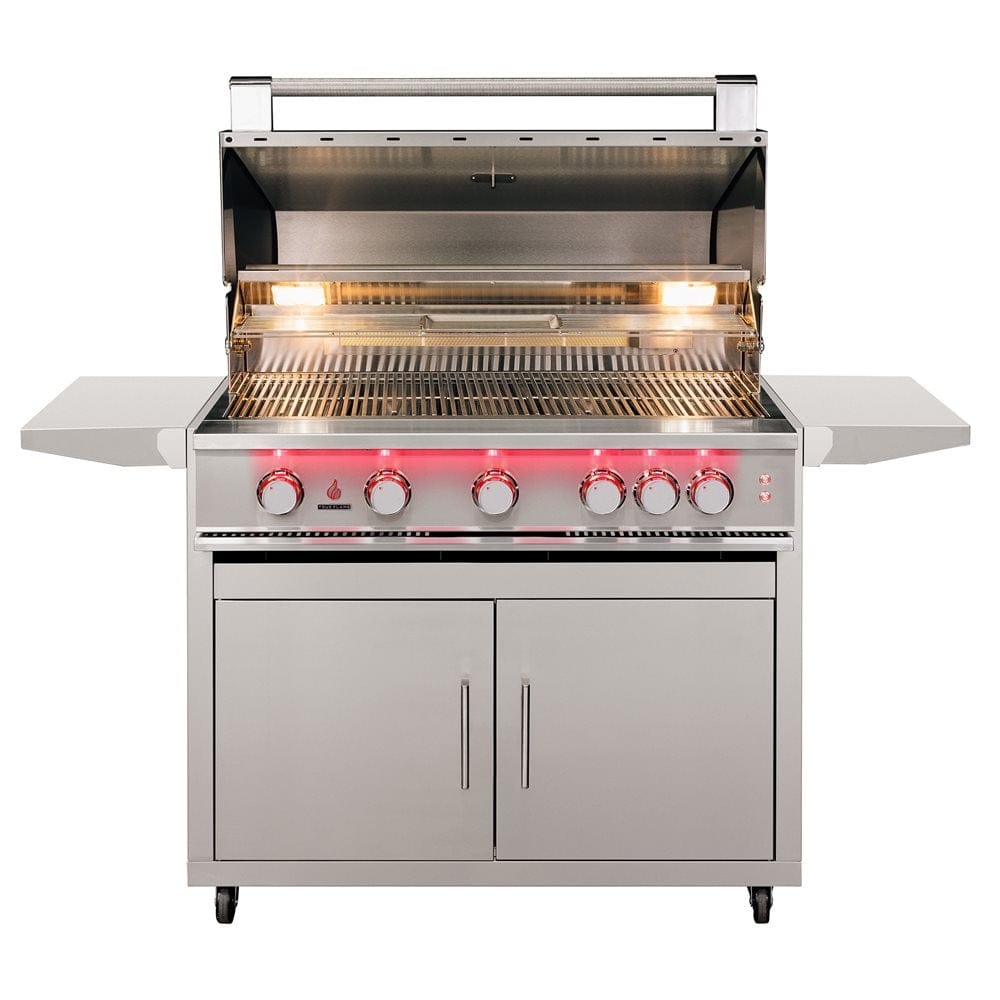 Stainless steel grill head with open lid, illuminated interior, side shelves, and storage cabinet.