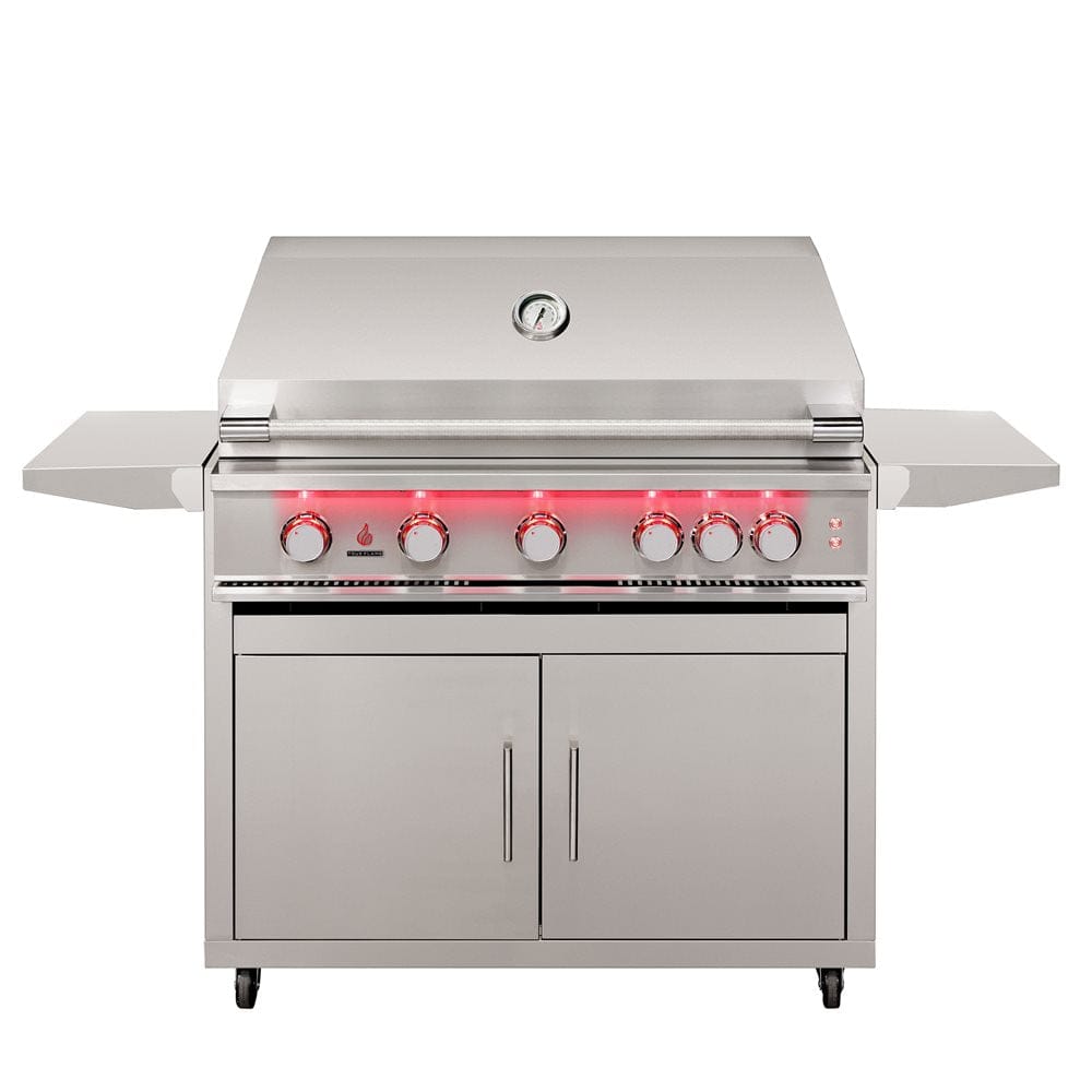 Premium TF40 Grill Head with illuminated knobs, side shelves, and 40" cart cabinet—ideal for luxury outdoor kitchens.