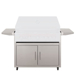 Premium 40" stainless steel grill cart with lid, side shelves, and double-door storage for outdoor kitchens.