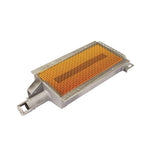 Rectangular infrared sear burner with a glowing orange ceramic grid on a durable gray metal base, ideal for grilling.
