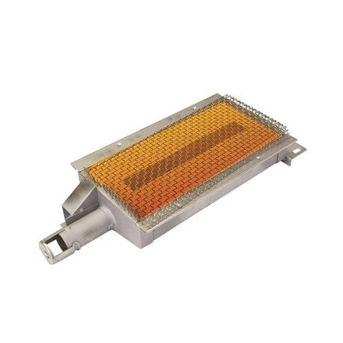 Rectangular infrared sear burner with a glowing orange ceramic grid on a durable gray metal base, ideal for grilling.