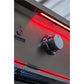 Detail of a TrueFlame griddle cart’s metal control knob with striking red LED accent lighting for outdoor kitchens.