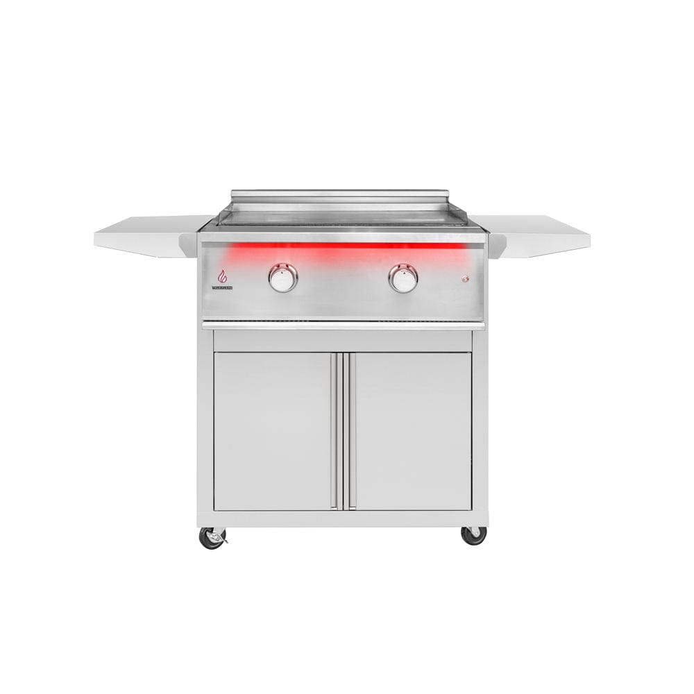 TrueFlame stainless steel 30" griddle cart with side shelves, cabinet storage, and 2 control knobs for outdoor kitchens.
