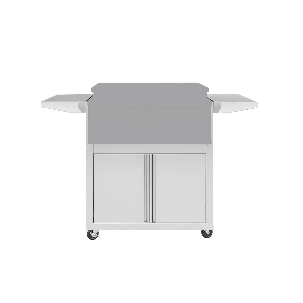 Griddle cart for 30" griddles with cabinet doors, side shelves, and wheels; ideal for outdoor kitchens.