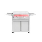 Stainless steel grill cart with 2 control knobs, side shelves, cabinet doors, and wheels for a 30” griddle.