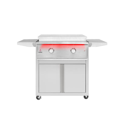 Stainless steel grill cart with 2 control knobs, side shelves, cabinet doors, and wheels for a 30” griddle.