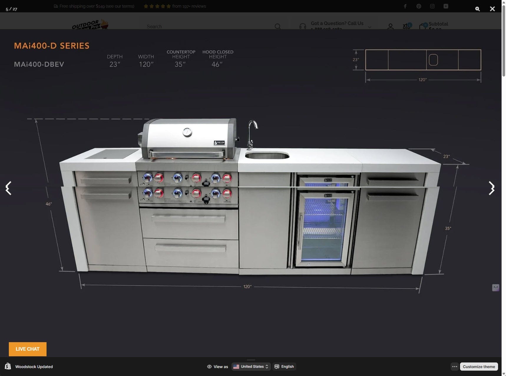 TrueFlame outdoor kitchen with built-in grill, sink, and fridge; dimensions and product details displayed on screen.