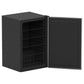 Black compact refrigerator with open door, empty shelves, and bin—ideal for premium outdoor kitchens.