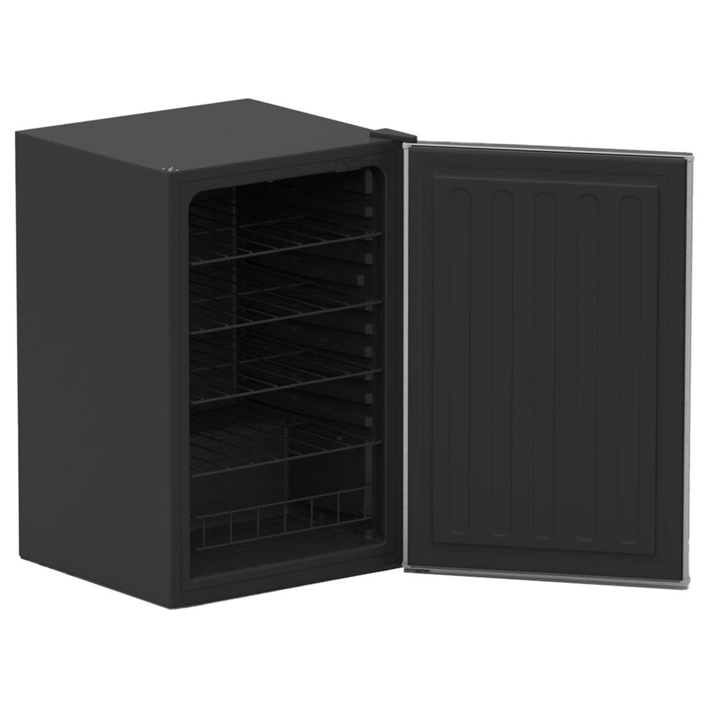 Black compact refrigerator with open door, empty shelves, and bin—ideal for premium outdoor kitchens.