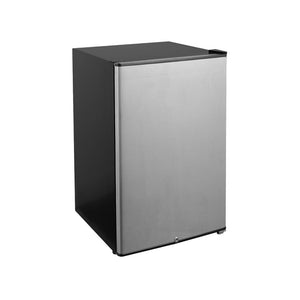 TrueFlame compact stainless steel fridge, ideal for outdoor kitchens with sleek finish against a white backdrop.