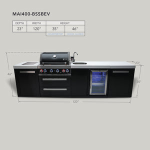 Mont Alpi 400 Black Stainless Steel Island with Beverage Center | 4-Burner Grill, Sink, Fridge | MAi400-BSSBEV