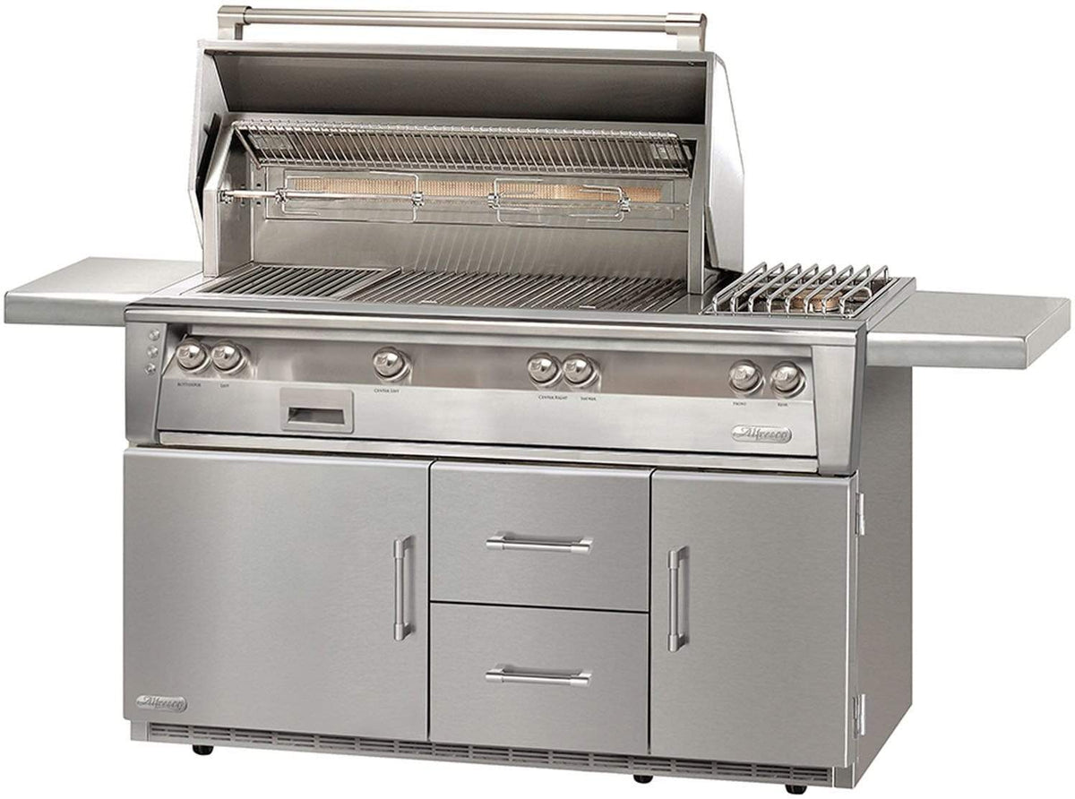 Alfresco Grills Natural Gas Alfesco 56 Inch Grill with&amp;nbsp; Grilling Surface, Three&amp;nbsp; Main Burners, Infrared Sear Zone, Side Burner, Integrated Rotisserie, Smoker and Herb Infuser System, 3-Position Warming Rack, Halogen Lighting and Refrigerated Cart:
