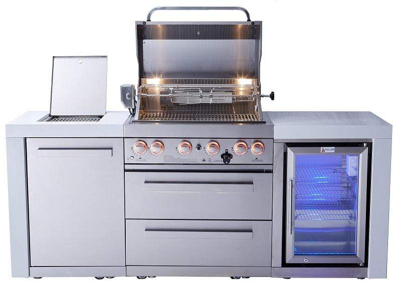 Mont Alpi Island Mont Alpi 400 Deluxe Stainless Steel Island with Fridge Cabinet / 4-Burner Grill, 2 Infrared Burners, Fridge, Waterfall Sides / MAi400-DFC