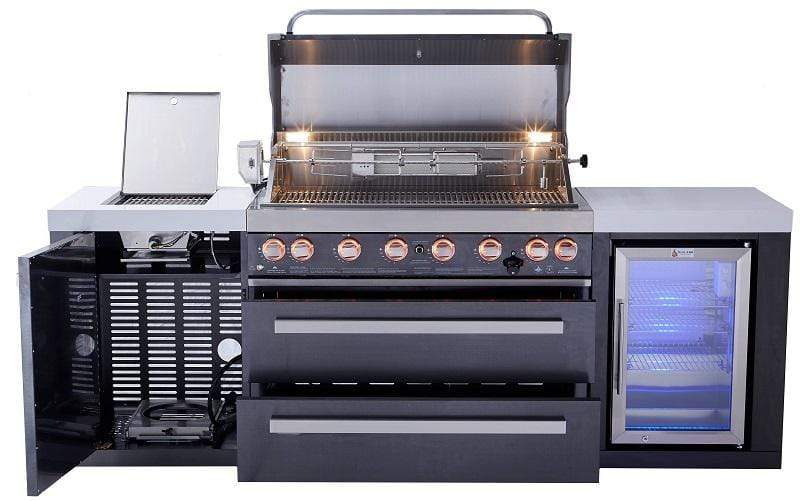 Mont Alpi Island Mont Alpi 805 Black Stainless Steel Island with Fridge Cabinet / 6-Burner Grill, 2 Infrared Burners, Fridge  / MAi805-BSSFC