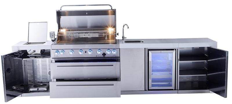 Mont Alpi Island Mont Alpi 805 Deluxe Stainless Steel Island with Beverage Center / 6-Burner Grill, 2 Infrared Burners, Sink, Fridge, Waterfall Sides, Chop Board / MAi805-DBEV