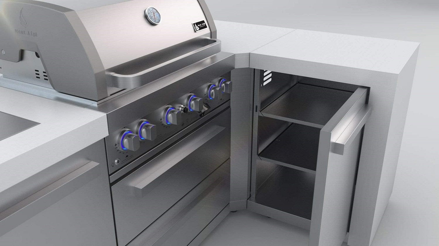 Mont Alpi Islands Mont Alpi 400 Deluxe Island with 90 Degree Corner / 4-Burner Grill, 2 Infrared Burners, Stainless Steel, Waterfall Sides / MAi400-D90C