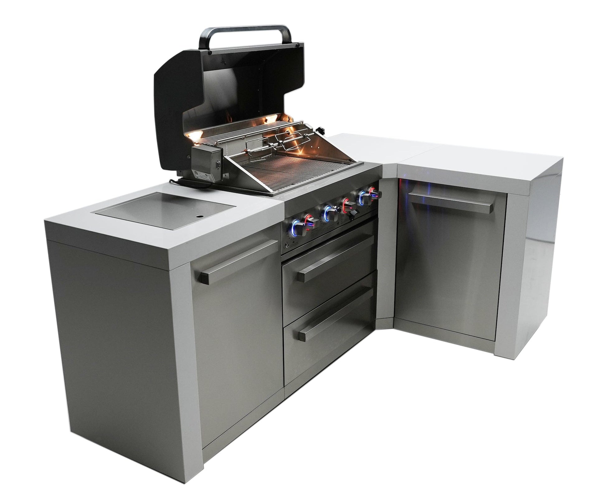 Mont Alpi Islands Mont Alpi 400 Deluxe Island with 90 Degree Corner / 4-Burner Grill, 2 Infrared Burners, Stainless Steel, Waterfall Sides / MAi400-D90C