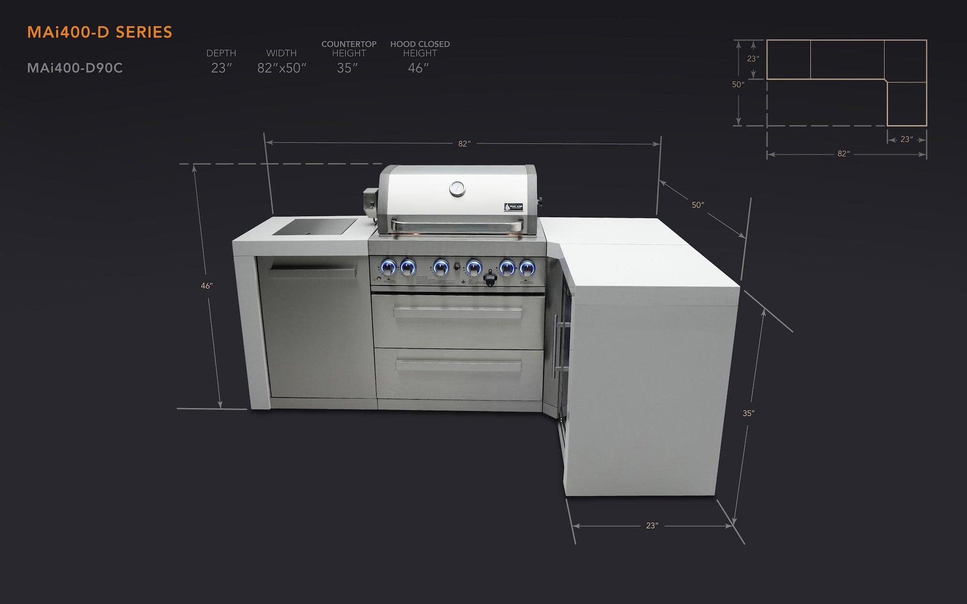 Mont Alpi Islands Mont Alpi 400 Deluxe Island with 90 Degree Corner / 4-Burner Grill, 2 Infrared Burners, Stainless Steel, Waterfall Sides / MAi400-D90C