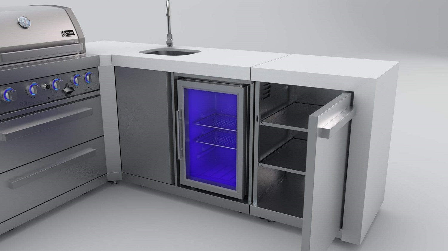 Mont Alpi Islands Mont Alpi 400 Deluxe Island with Beverage Center + 90 Degree Corner / 4-Burner Grill, 2 Infrared Burners, Stainless Steel, Sink, Fridge / MAi400-D90BEV