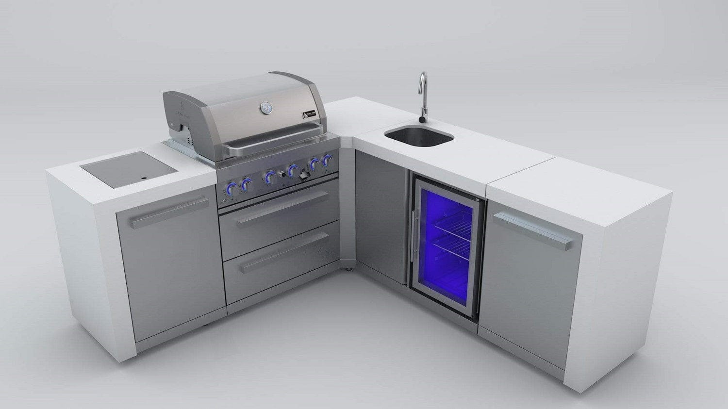 Mont Alpi Islands Mont Alpi 400 Deluxe Island with Beverage Center + 90 Degree Corner / 4-Burner Grill, 2 Infrared Burners, Stainless Steel, Sink, Fridge / MAi400-D90BEV