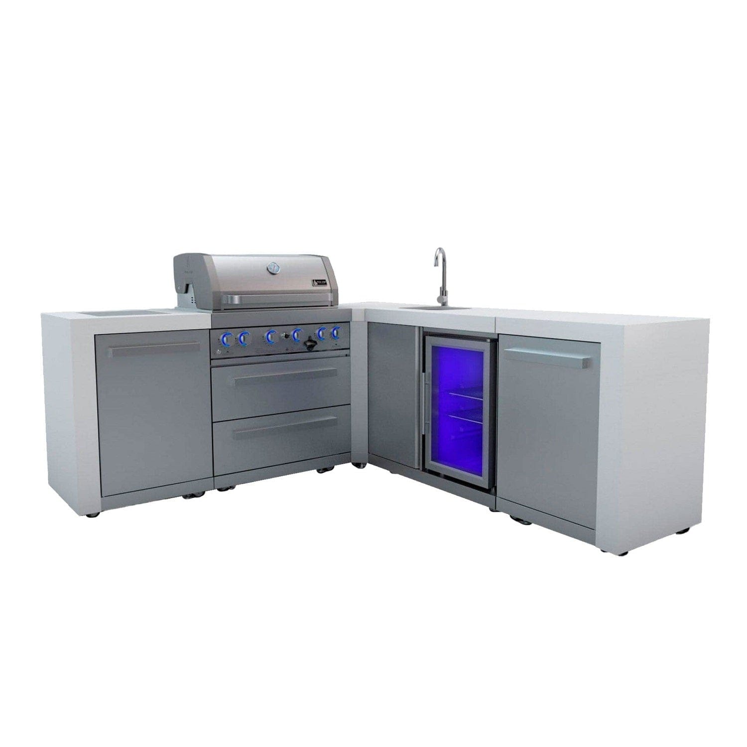 Mont Alpi Islands Mont Alpi 400 Deluxe Island with Beverage Center + 90 Degree Corner / 4-Burner Grill, 2 Infrared Burners, Stainless Steel, Sink, Fridge / MAi400-D90BEV
