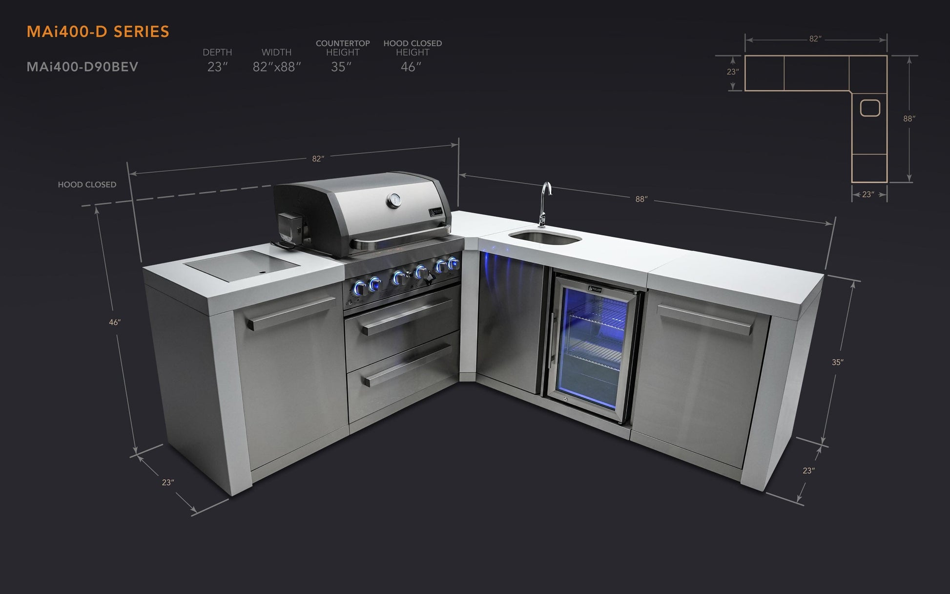 Mont Alpi Islands Mont Alpi 400 Deluxe Island with Beverage Center + 90 Degree Corner / 4-Burner Grill, 2 Infrared Burners, Stainless Steel, Sink, Fridge / MAi400-D90BEV