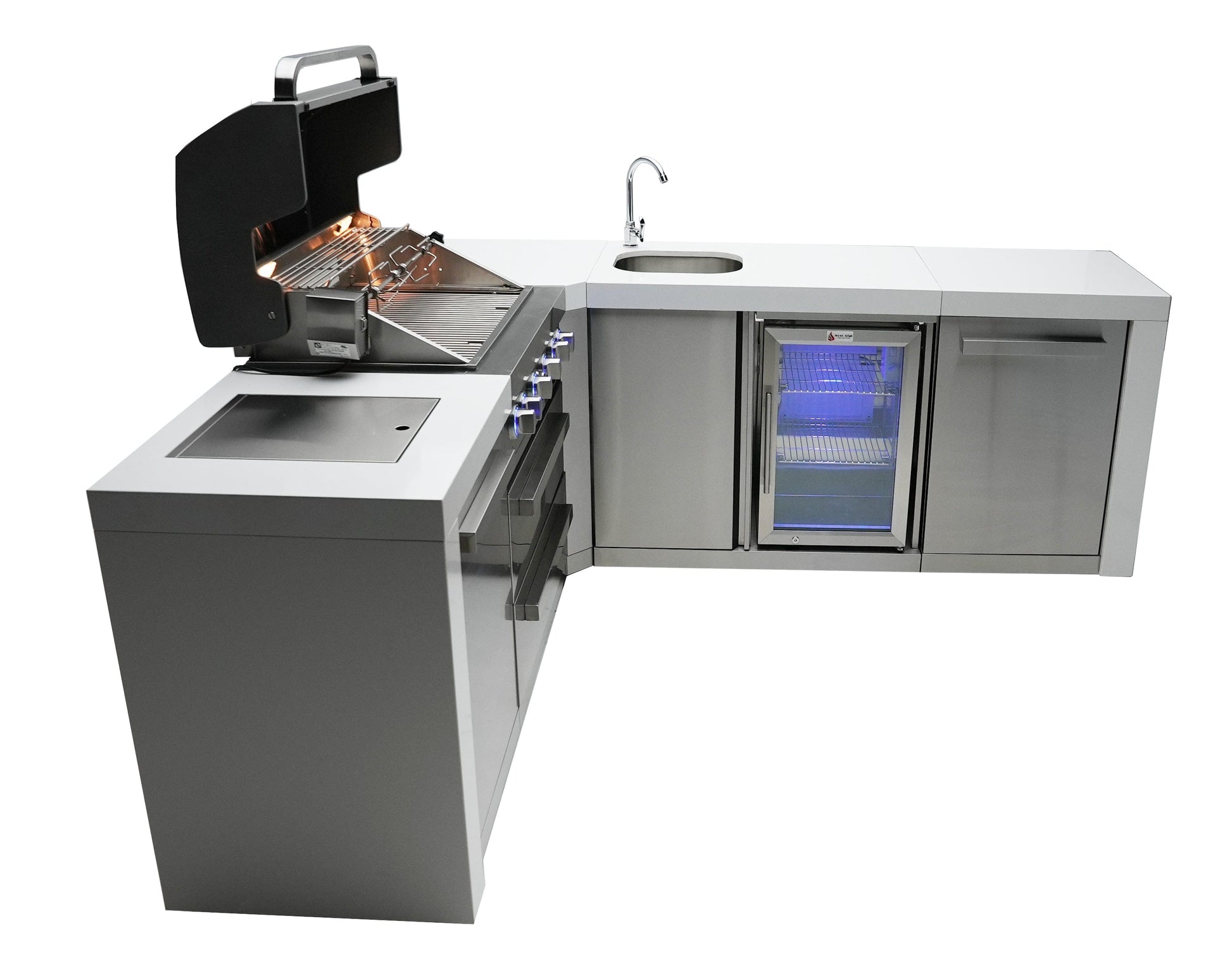 Mont Alpi Islands Mont Alpi 400 Deluxe Island with Beverage Center + 90 Degree Corner / 4-Burner Grill, 2 Infrared Burners, Stainless Steel, Sink, Fridge / MAi400-D90BEV