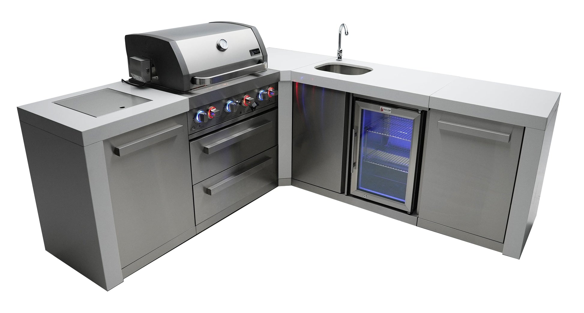 Mont Alpi Islands Mont Alpi 400 Deluxe Island with Beverage Center + 90 Degree Corner / 4-Burner Grill, 2 Infrared Burners, Stainless Steel, Sink, Fridge / MAi400-D90BEV
