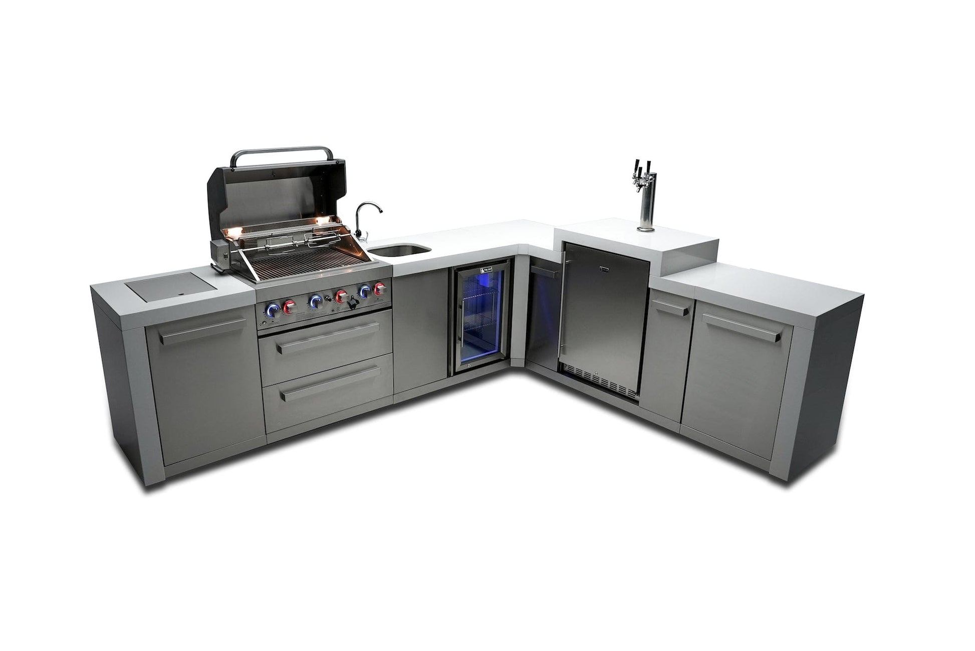 Mont Alpi Islands Mont Alpi 400 Deluxe Island with Beverage Center + 90 Degree Corner + Kegerator / 4-Burner Grill, 2 Infrared Burners, Sink, Fridge, Stainless Steel / MAi400-D90KEGBEV